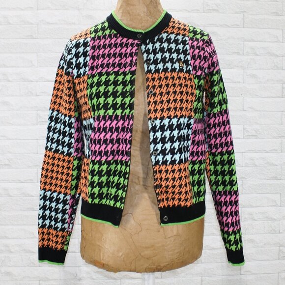 TEDDY FRESH Cardigan Houndstooth Patchwork Cropped Colorful Knit Sweater Neon S - Picture 1 of 12